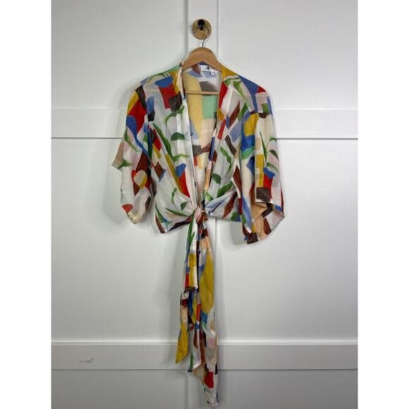 NEW Just Bee Queen Hana Front Tie Top Women's White Multi Size: Medium - Picture 2 of 7